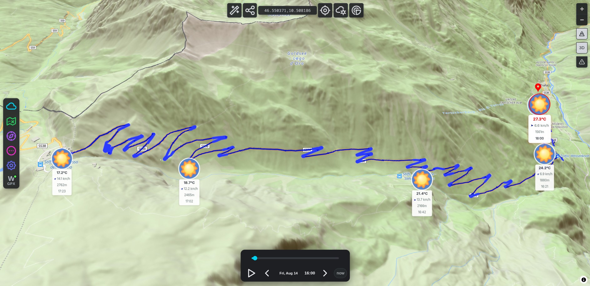 Stelvio pass climb shown in 3D terrain with temperature, wind and altitude at each point of the ascent