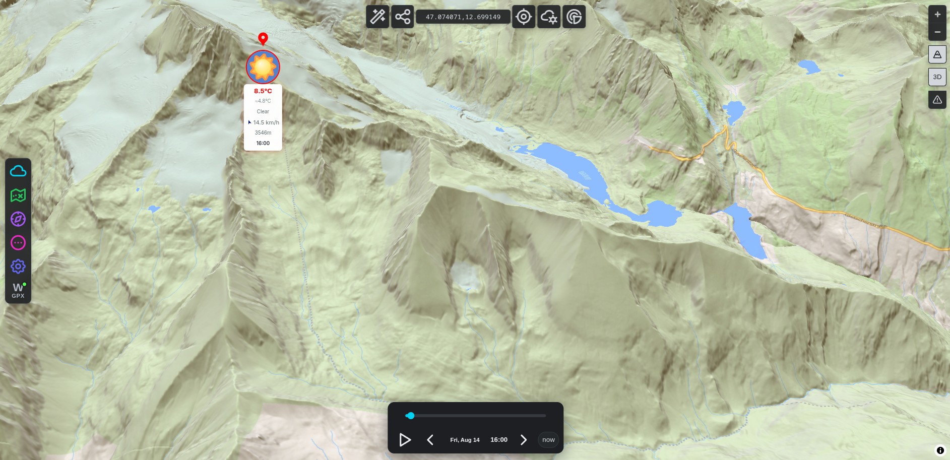 Hiking summit point at 3546 m shown in 3D terrain with temperature, wind and elevation