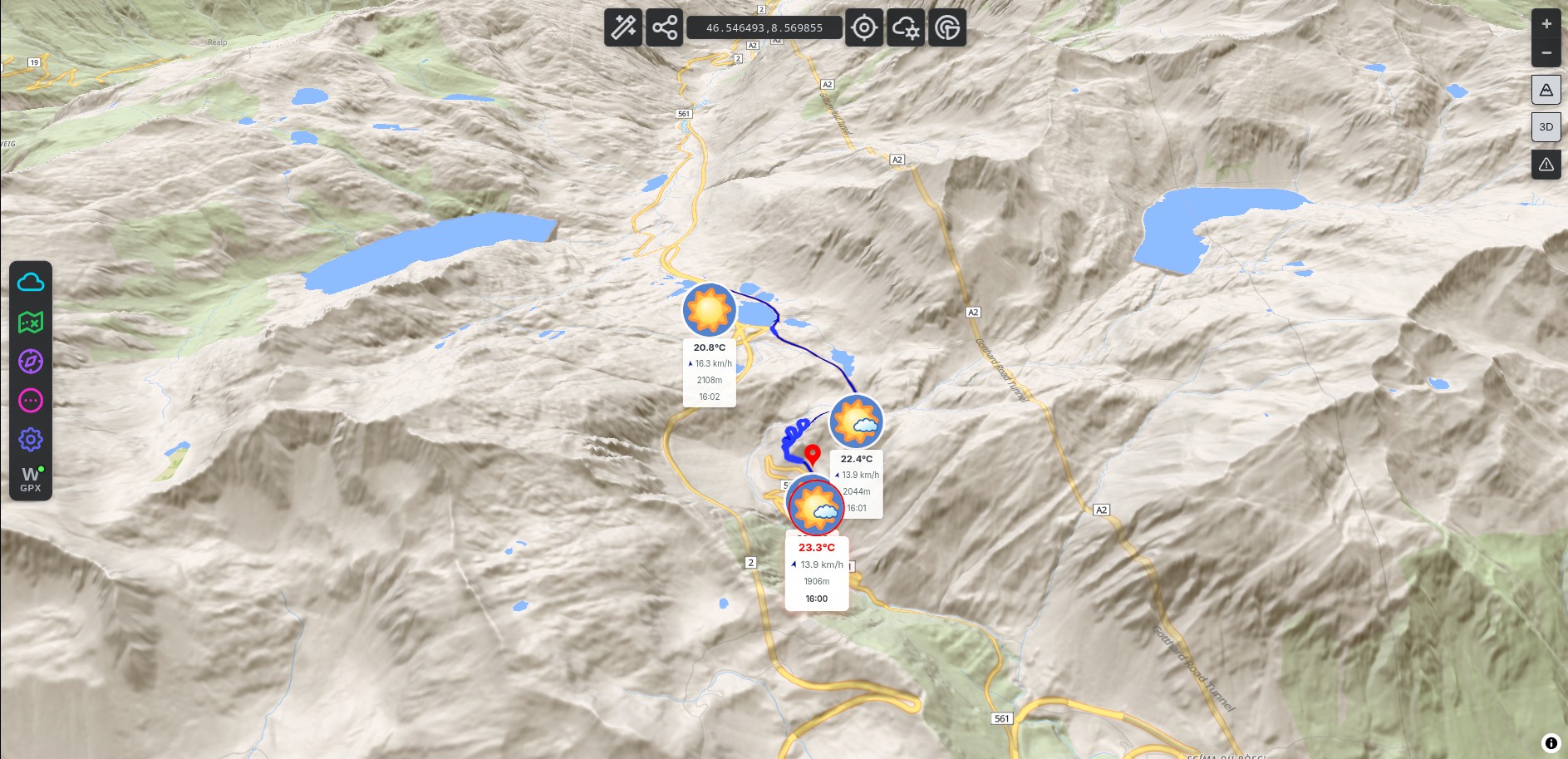 Gotthard pass road shown in 3D terrain with the weather forecast at each point of the climb